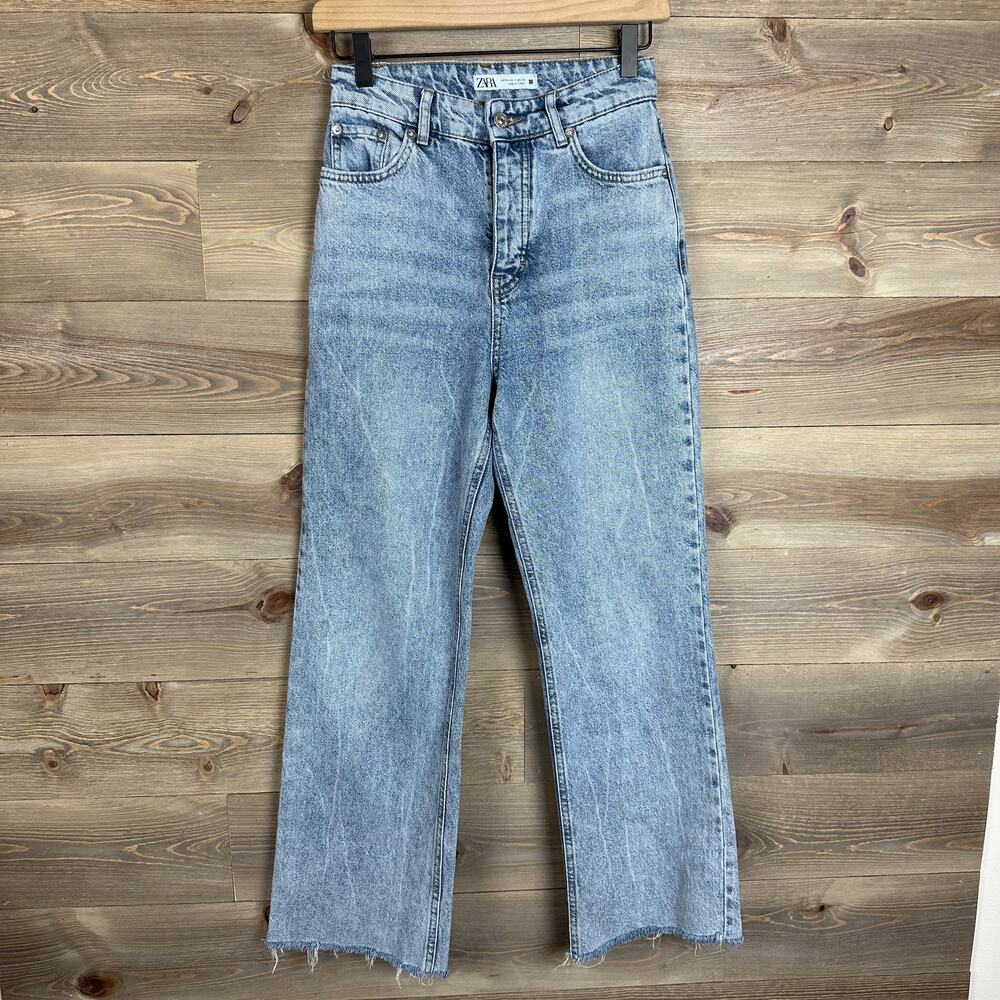 Zara Button Fly Wide Leg Raw Hem Jeans